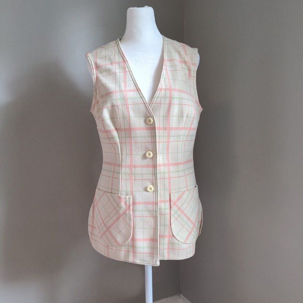 Vintage 1960s Jantzen Vest Pink Plaid Knit 1960 Mod Preppy Pastel Size 12